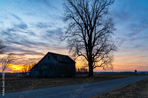 Silhouette of Old Barn and Tree