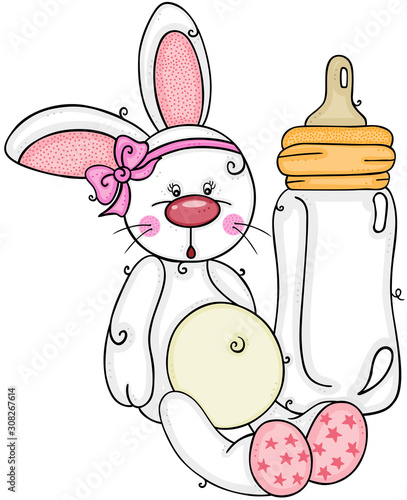 Cute baby girl bunny with baby milk bottle