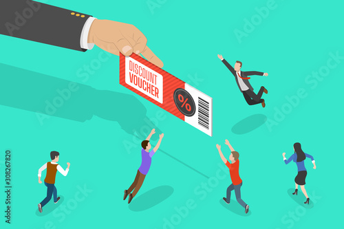 Isometric flat vector concept of discount voucher chasing, advertising campaign and promotion strategy, shop loyalty program.