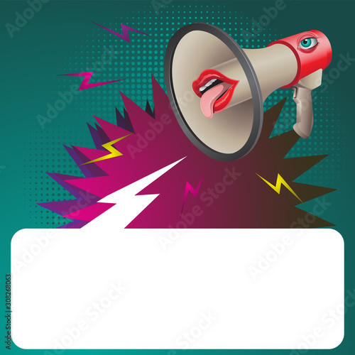 Speaker horn with eyes and lips and space for text on isolated background. Vector image.