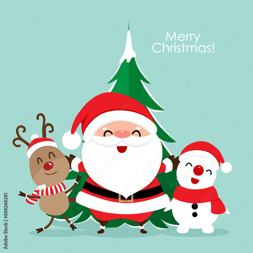 Christmas Greeting Card with Christmas Santa Claus ,Snowman and reindeer. Vector illustration.