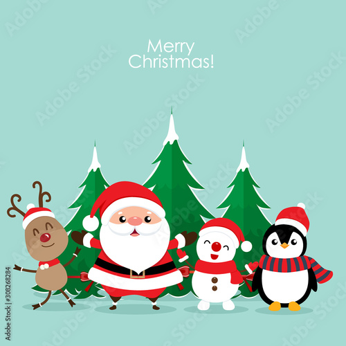 Christmas Greeting Card with Christmas Santa Claus ,Snowman, reindeer and Penguin. Vector illustration.