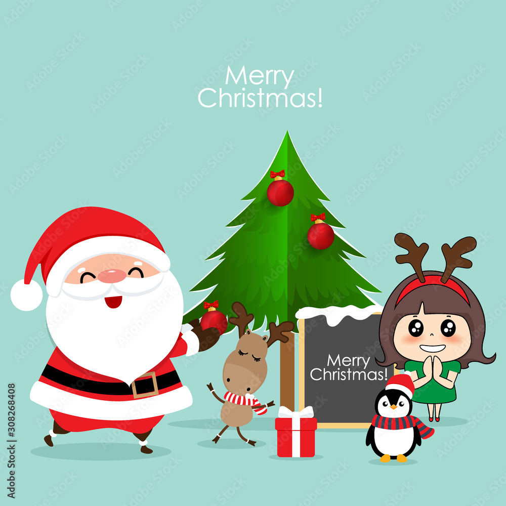Christmas Greeting Card with Christmas Santa Claus, Penguin, reindeer and cute girl. Vector illustration. Christmas Greeting Card with Christmas Santa Claus, Penguin, reindeer and cute girl. Vector illustration.