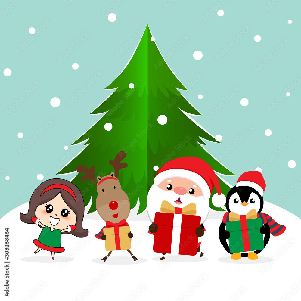 Christmas Greeting Card with Christmas Santa Claus, Penguin, reindeer and cute girl. Vector illustration.