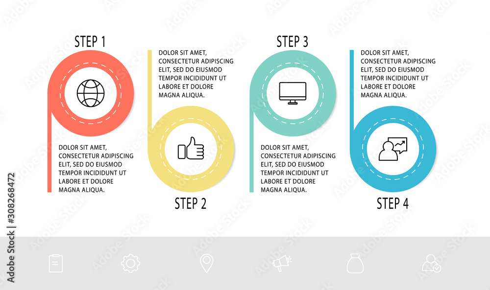 Vector flat line template circle infographics. Business concept with 4 options and labels. Four steps for content, flowchart, graph, diagrams, slideshow, levels Vector flat line template circle infographics. Business concept with 4 options and labels. Four steps for content, flowchart, graph, diagrams, slideshow, levels