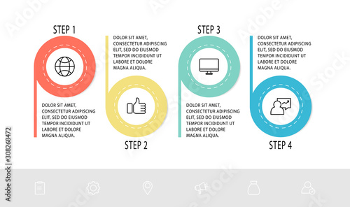 Vector flat line template circle infographics. Business concept with 4 options and labels. Four steps for content, flowchart, graph, diagrams, slideshow, levels