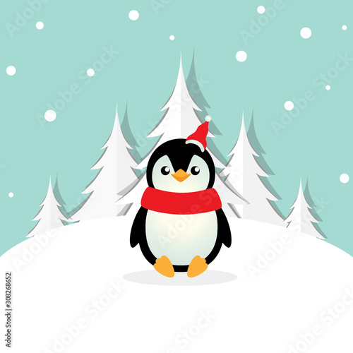 Penguin. Christmas background. Christmas Greeting Card. Vector illustration.