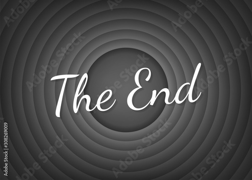 The End handwrite title on gray round background. Old movie circle ending screen. Vector stock illustration.