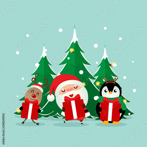Christmas Greeting Card with Christmas Santa Claus ,Penguin and reindeer. Vector illustration.