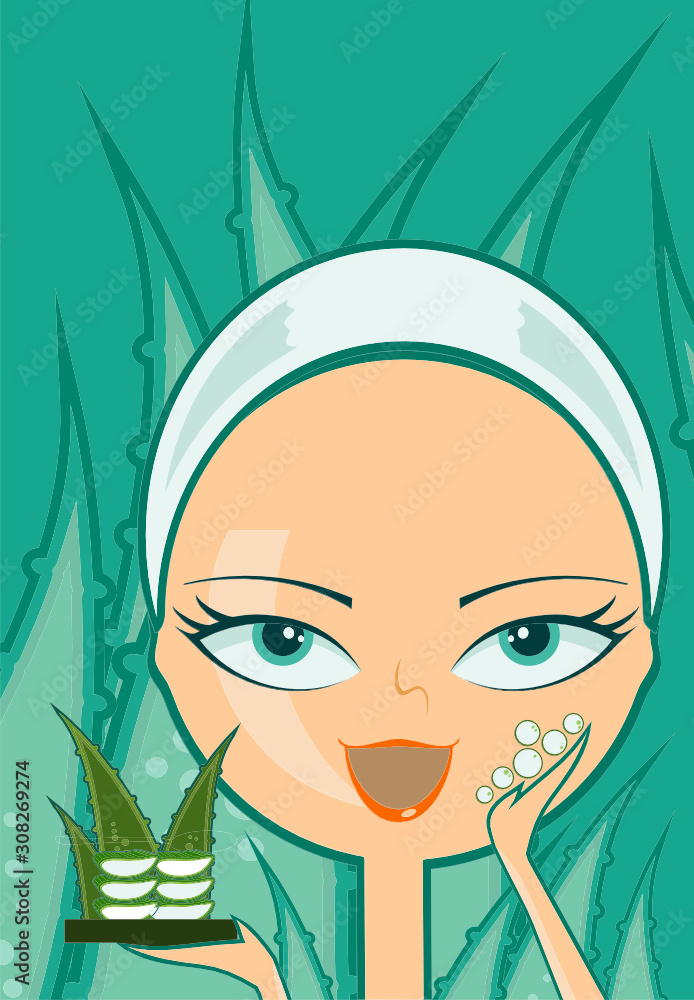 The vector illustration of a pretty woman is treating skin with natural methods using aloe vera jelly put it on her face.