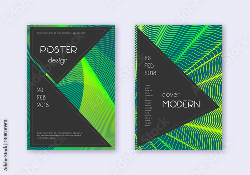 Black cover design template set. Green abstract li