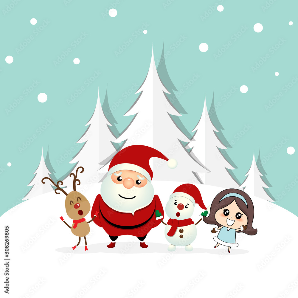 Christmas Greeting Card with Christmas Santa Claus ,Snowman, reindeer and cute girl. Vector illustration.