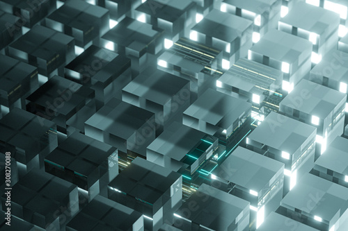 Steel frame and glowing cubes  3d rendering.