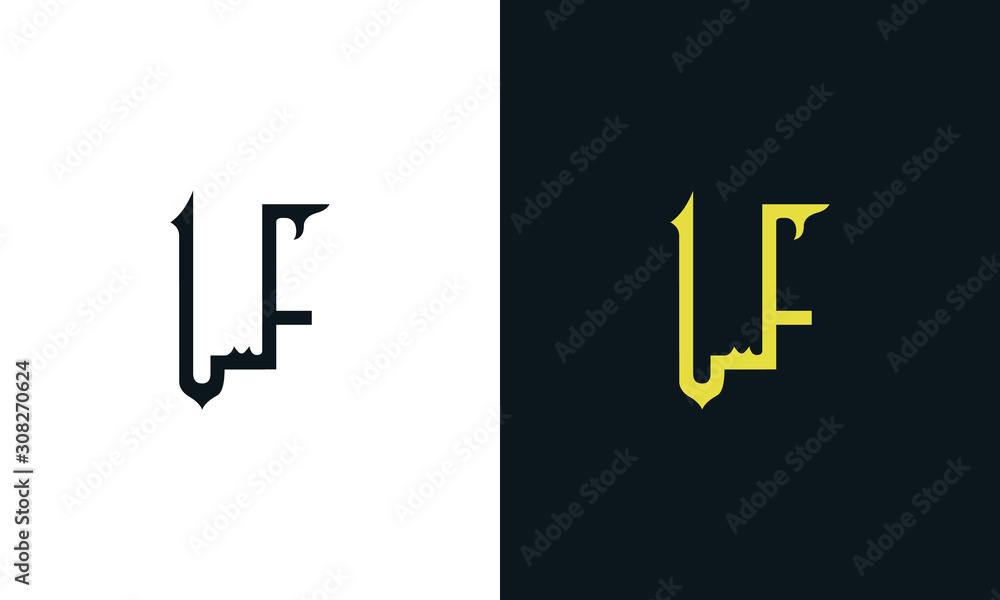 Minimalist luxury line art letter LF logo. This logo icon incorporate with two Arabic letter in the creative way. It will be suitable for Royalty and Islamic related brand or company.  - obrazy, fototapety, plakaty 