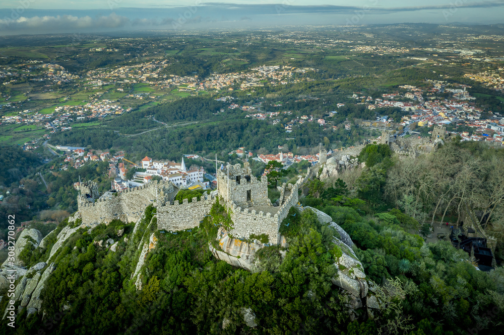 Aerial view of the Moors castle in Sintra Portugal