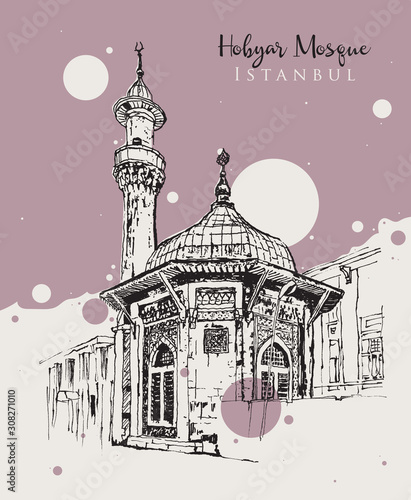 Drawing sketch illustration of Hobyar Mosque in Istanbul