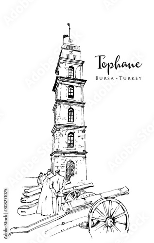 Drawing sketch illustration of Tophane, Bursa photo