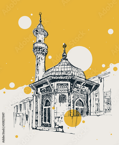 Drawing sketch illustration of Hobyar Mosque in Istanbul