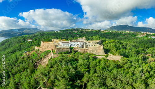 Aerial view of fortress Sao Felipe in Setubal Portugal, star shaped military base protecting the city and the harbor with bastions