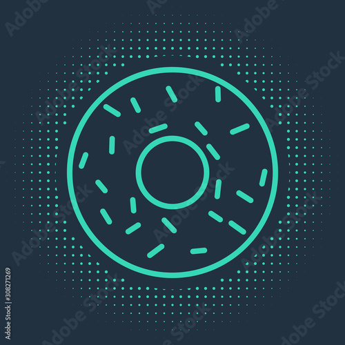 Green Donut with sweet glaze icon isolated on blue background. Abstract circle random dots. Vector Illustration