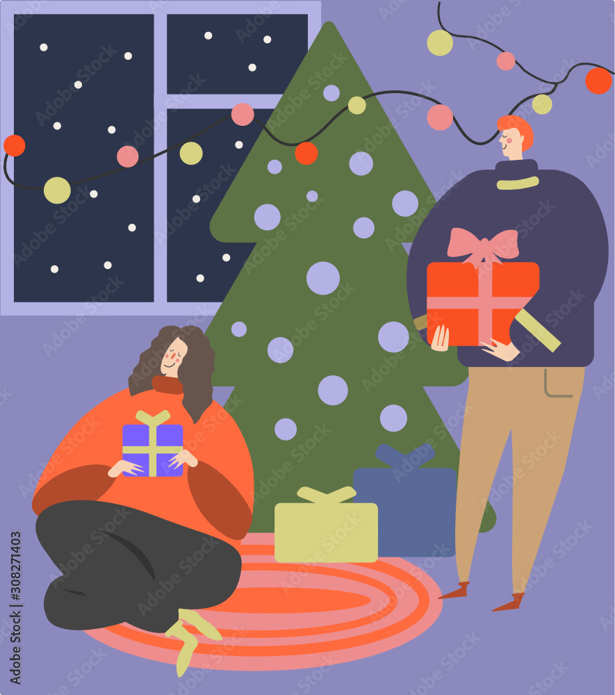 a cute vector image of a happy couple on the Christmas or New Year eve with presents, colorful lights and a decorated tree on the violet background a cute vector image of a happy couple on the Christmas or New Year eve with presents, colorful lights and a decorated tree on the violet background