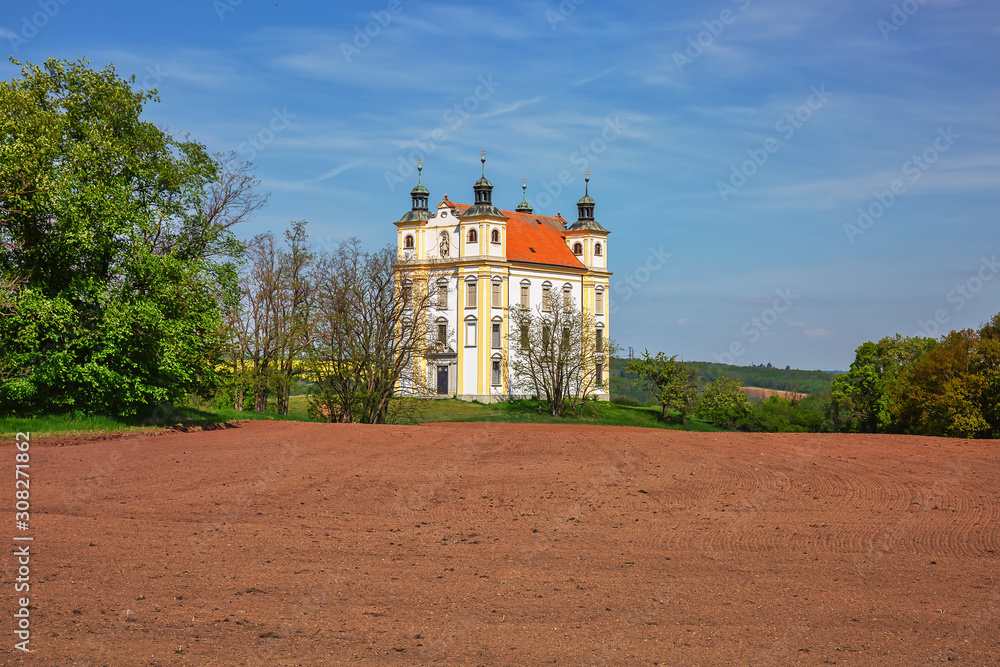 Church by the field, Southern Moravian springtime landscape