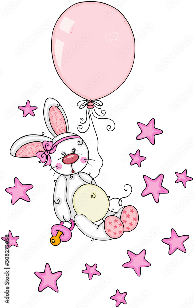 Cute baby girl bunny with pacifier and balloon flying on stars Cute baby girl bunny with pacifier and balloon flying on stars