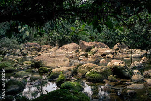 River with rocks and crystal clear water, inside rainforest, Rio de Janeiro, Brazil