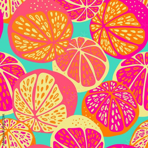 Modern seamless stylized design with citrus in pop-art style. Can be used for printing on paper, packaging, decorations, cards, textiles. 