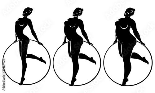 Collection. Silhouette of a cute lady, she is engaged in rhythmic gymnastics with a hoop. The woman is overweight and a slender girl athlete. Vector illustration set.