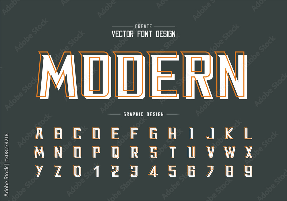 Line font with white shadow and alphabet vector, Bold Modern Typeface and letter number design