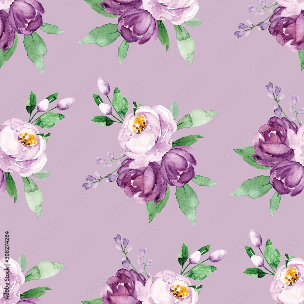 Seamless texture, floral pattern, background with watercolor flowers violet roses. Repeat wallpaper. Perfectly for wrapped paper, fabric, backdrop, frame or border. 