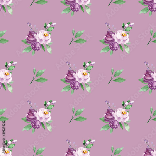 Seamless texture, floral pattern, background with watercolor flowers violet roses. Repeat wallpaper. Perfectly for wrapped paper, fabric, backdrop, frame or border. 