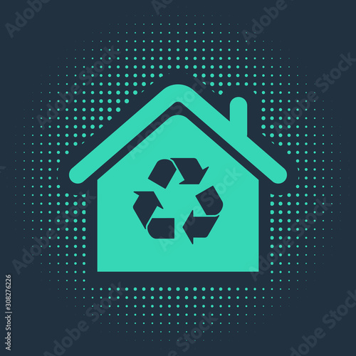 Green Eco House with recycling symbol icon isolated on blue background. Ecology home with recycle arrows. Abstract circle random dots. Vector Illustration