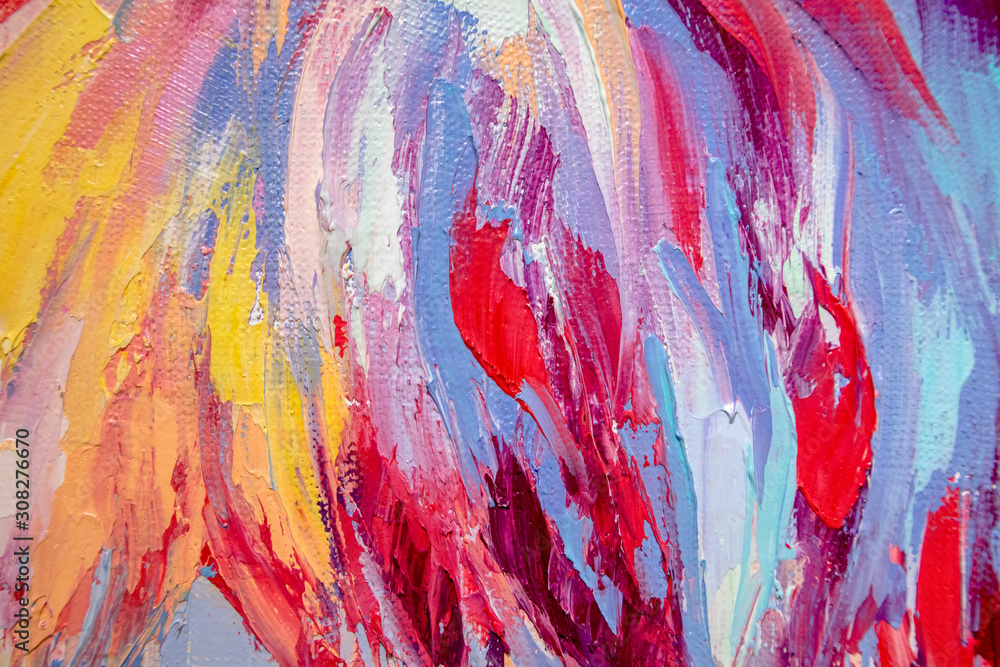 Fragment. Multicolored texture painting. Abstract art background. oil on canvas. Rough brushstrokes of paint. Closeup of a painting by oil and palette knife. Highly-textured, high quality details.