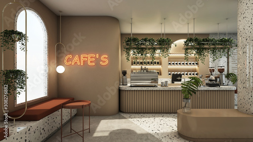 Cafe shop design Modern & Minimal Top Counter Granite stone,Brown counter,Gold metal light pendant, Red neon text cafe on wall,Granite seat,Floor concrete half Granite stone - 3D render