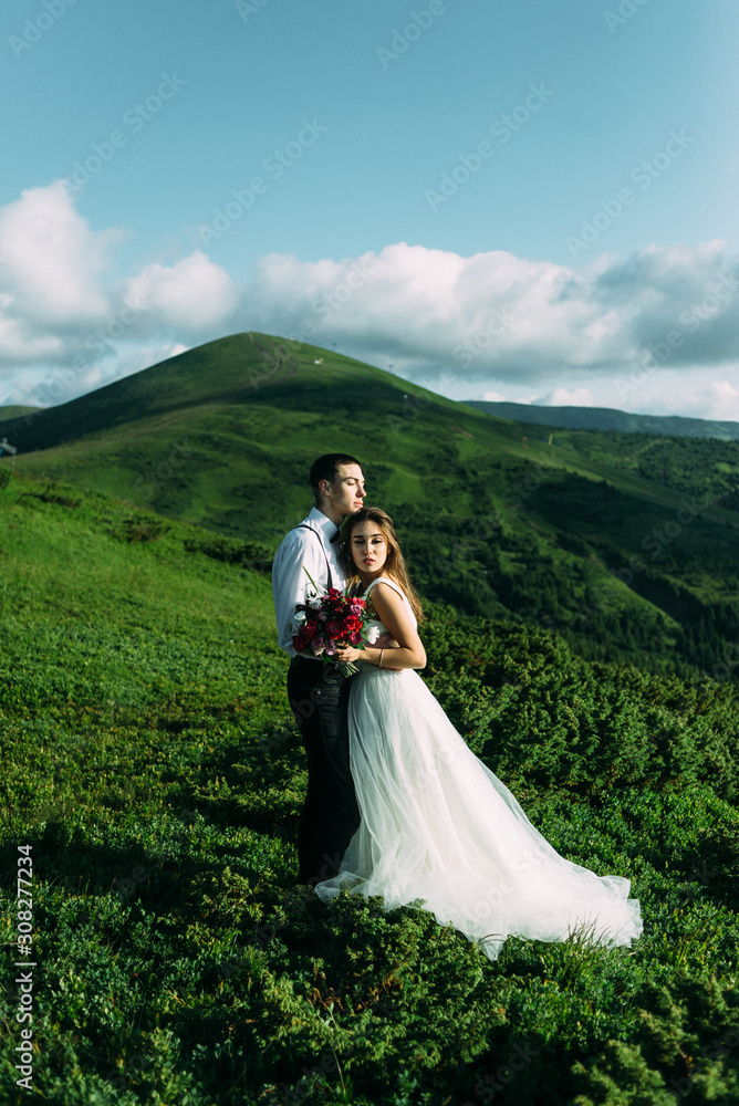Bride in wedding dress and groom stand on a green hill