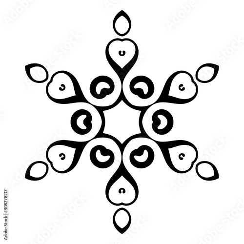 Black ornamental round doodle snowflake, flower isolated on white background. Outline mandala. Geometric circle element. Vector illustration.  