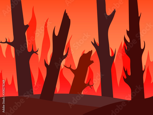 raging fire in the forest. fire hazard landscape. vector illustration