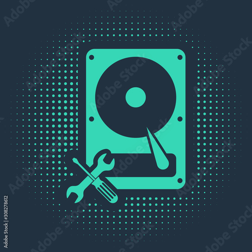 Green Hard disk drive with screwdriver and wrench icon isolated on blue background. Adjusting, service, setting, maintenance, repair, fixing. Abstract circle random dots. Vector Illustration