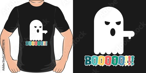 Ghost With Thumbs Down Gesture and Saying Boooooo!!! Unique and Trendy T-Shirt Design or Mockup.