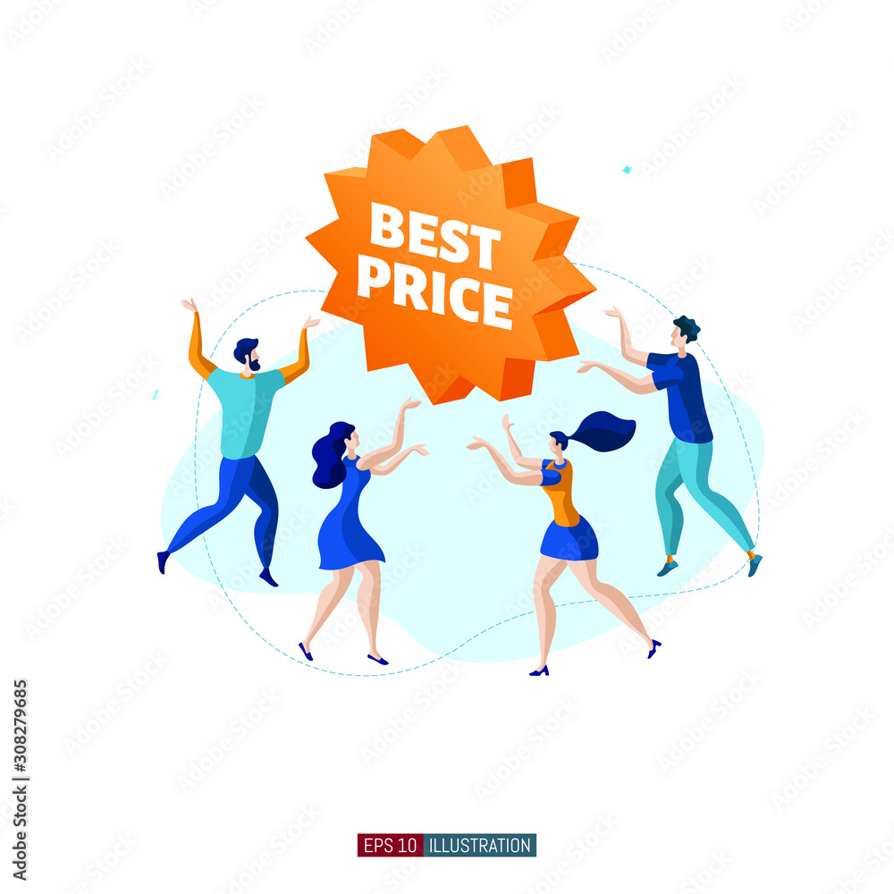 Fototapeta premium Trendy flat illustration. Customers around product promotion banner. Best price. Template for your design works. Vector illustration.
