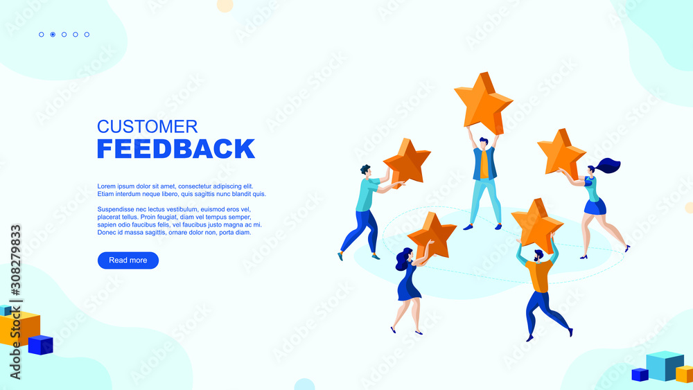 Trendy flat illustration. Customer reviews rating page concept. Online shopping. Feedback. Customer support. Template for your design works. Vector graphics.