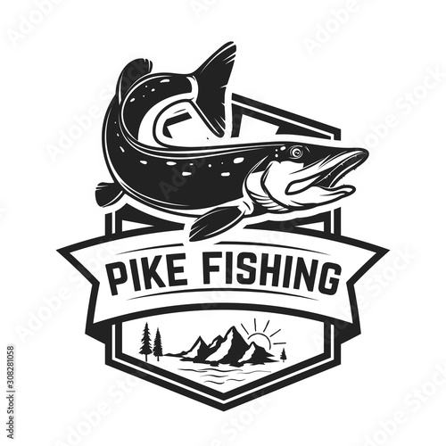 Fishing club. Emblem template with pike fish. Design element for logo, label, sign, poster. Vector illustration