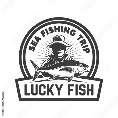  Lucky fish. Emblem template with fisherman with tuna. Design element for logo, label, sign, badge. Vector illustration