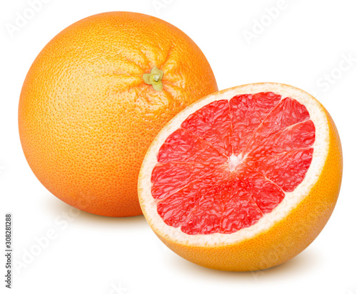 Isolated grapefruits. Whole grapefruit and slice of fresh grapefruit isolated on white background with clipping path