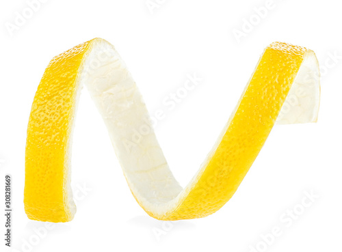 Citrus twist peel on a white background. Spiral of lemon skin. Vitamin C.