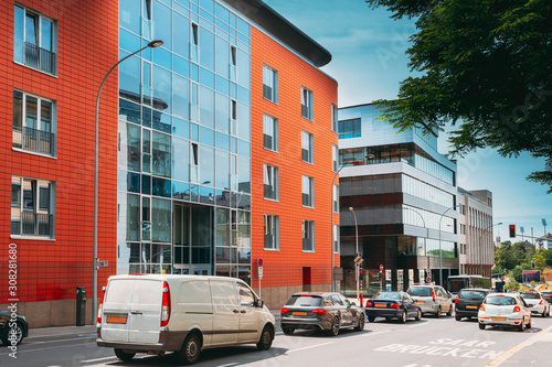 Luxembourg. Cars Goes On Street Near Building of the Germany Embassy in Luxembourg