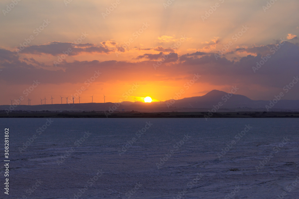 Salt lake in larnaca at sunset colours