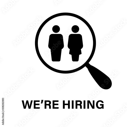We're hiring concept. Magnifying employees. Job search vector illustration. Open vacancy banner design. Male and female flat silhouettes.